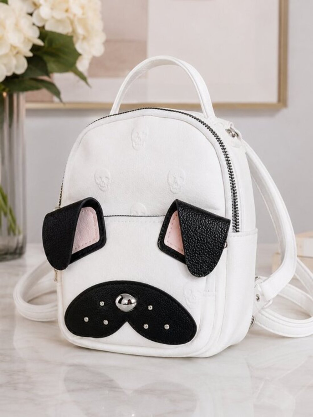Betsey Johnson Pug Dog Mini Backpack Cream Black 3D Ears NWT